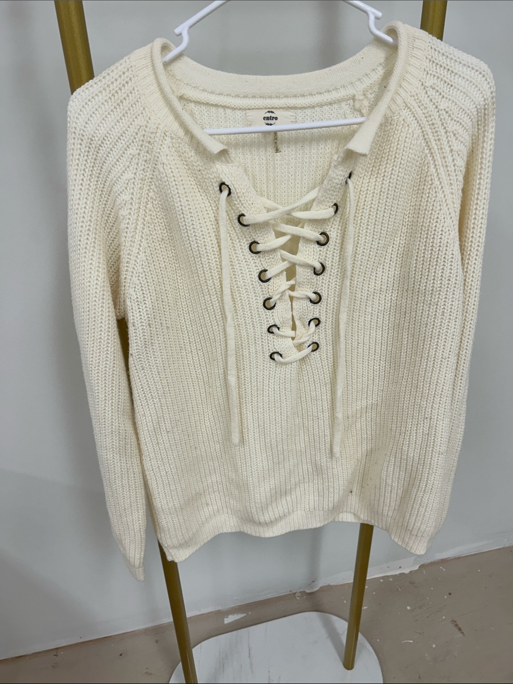 entro Lace-Up Scoop Neck Sweater in Cream